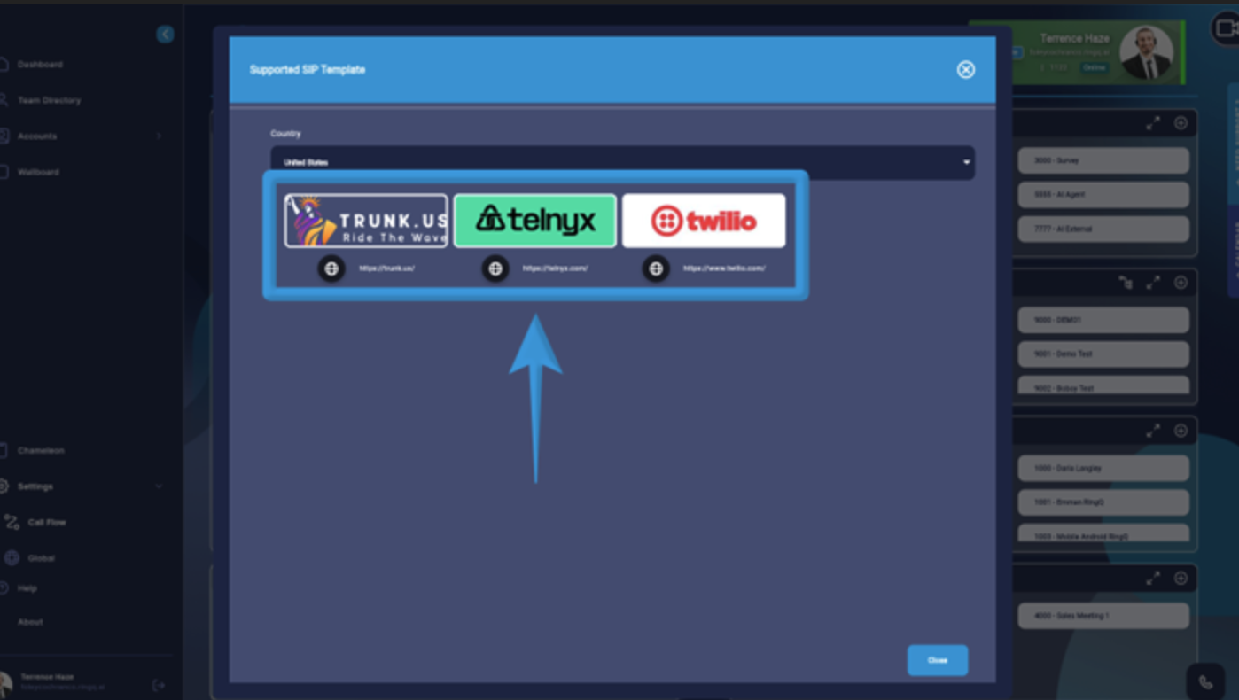 Select your SIP Trunk